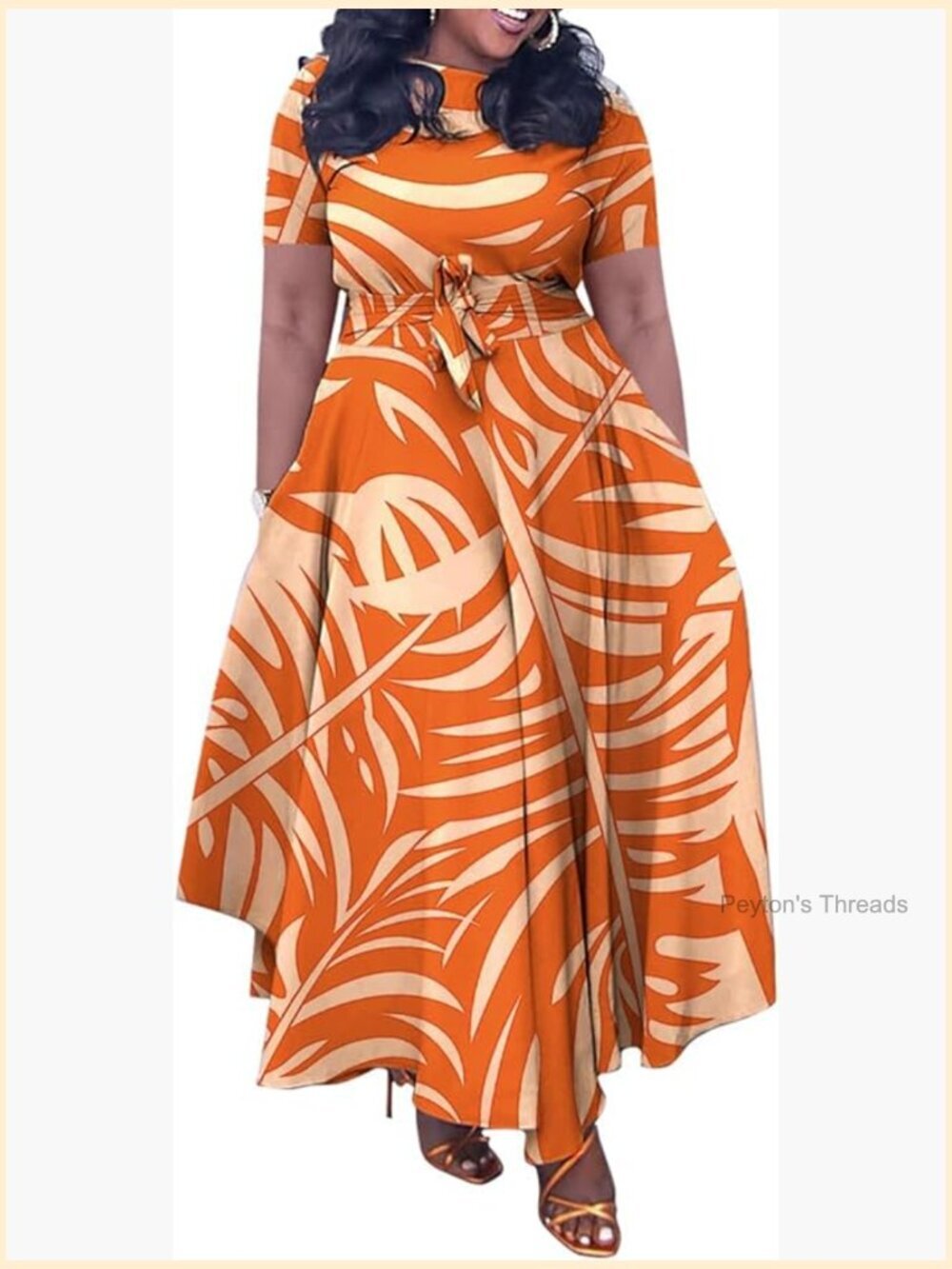 Plus Size A Line Maxi Dress with Belt 3/4 Sleeve Casual Long Dress